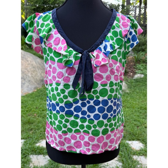 Anthropologie Tops - We Love Vera for Anthropologie 100% Silk Polka Dot Ruffle Blouse Green Pink 0